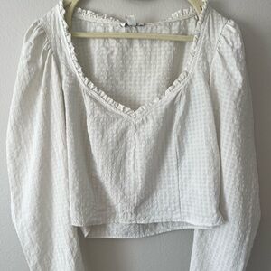 Topshop White Ruffled Gingham Blouse w/ Long Puff Sleeves